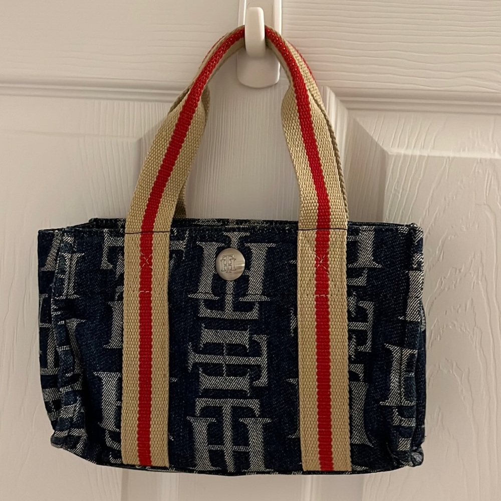 Navy Monogram Canvas Tote with Red-Trim Handles